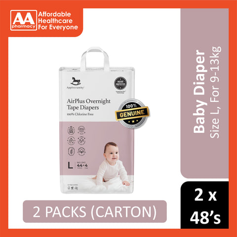 Applecrumby AirPlus Overnight Baby Tape Diaper Size L 44's+4's (For 9-13kg) [2 Packs/Carton]