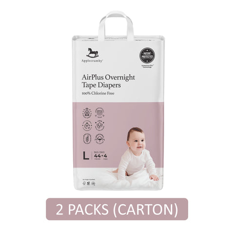 Applecrumby AirPlus Overnight Baby Tape Diaper Size L 44's+4's (For 9-13kg) [2 Packs/Carton]