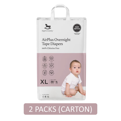 Applecrumby AirPlus Overnight Baby Tape Diaper Size XL 38's+4's (For 11-16kg) [2 Packs/Carton]