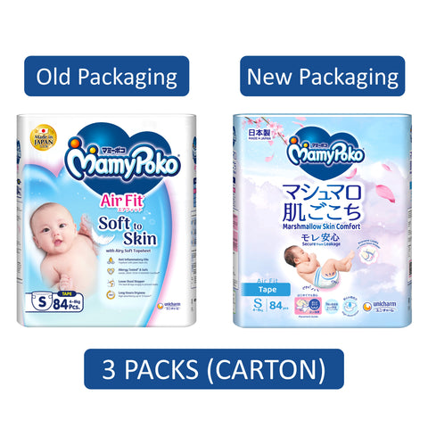 MamyPoko Air Fit Baby Tape Diapers Size S 84's (For 4-8kg) [3 Packs/Carton]