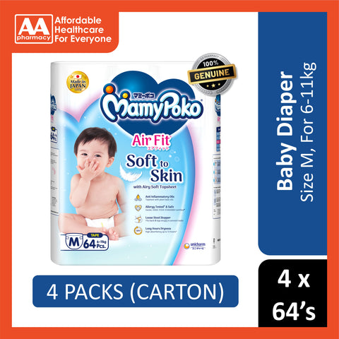 MamyPoko Air Fit Baby Tape Diapers Size M 64's (For 6-11kg) [4 Packs/Carton]