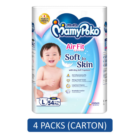 MamyPoko Air Fit Baby Tape Diapers Size L 54's (For 9-14kg) [4 Packs/Carton]