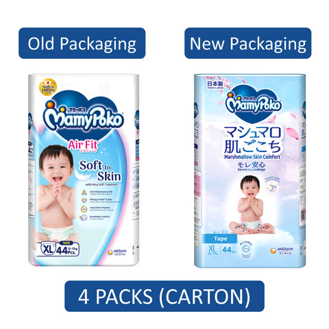 MamyPoko Air Fit Baby Tape Diapers Size XL 44's (For 12-17kg) [4 Packs/Carton]