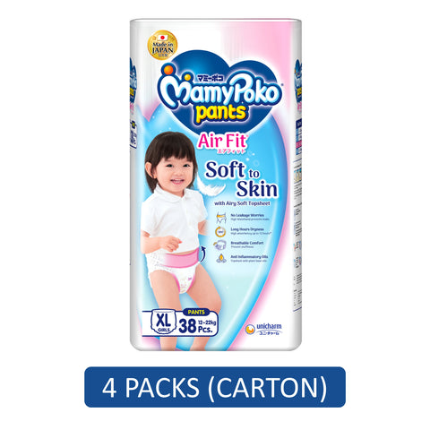 MamyPoko Air Fit Baby Pants (Girls) Size XL 38's (For 12-22kg) [4 Packs/Carton]