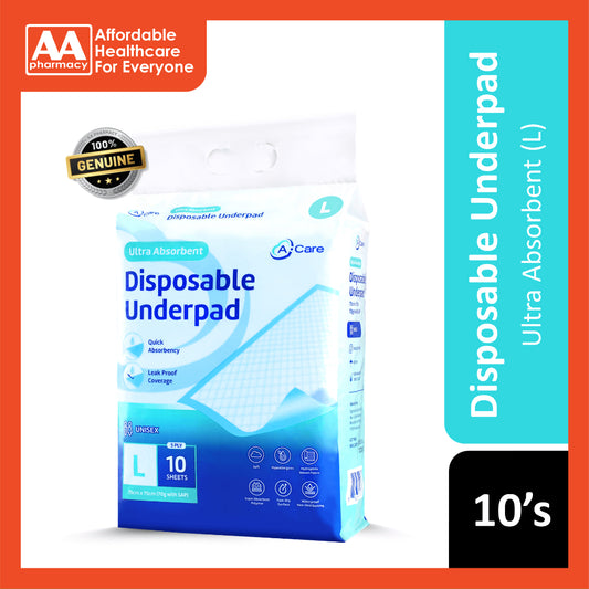 A-Care Ultra Absorbent Disposable Underpad Size L 75x75cm (10's)