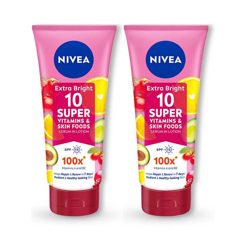 Nivea Extra Bright 10 Super Vitamins & Skin Foods Serum In Lotion (Twin Pack) 320 mL X 2