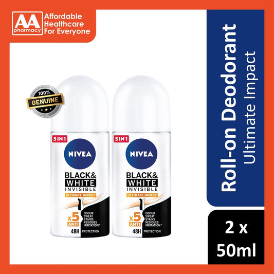 Nivea Deodorant Female Black & White Ultimate Impact Roll On 50mL Twin Pack